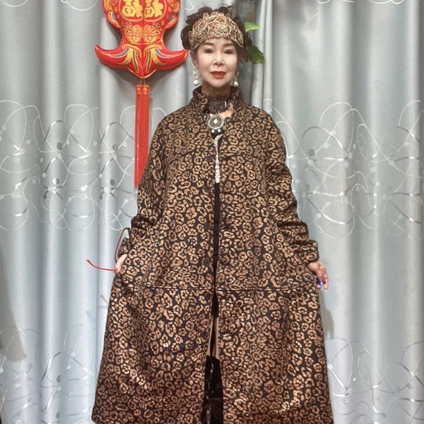 秋冬加厚加绒豹纹宽松中长款气质大衣外套