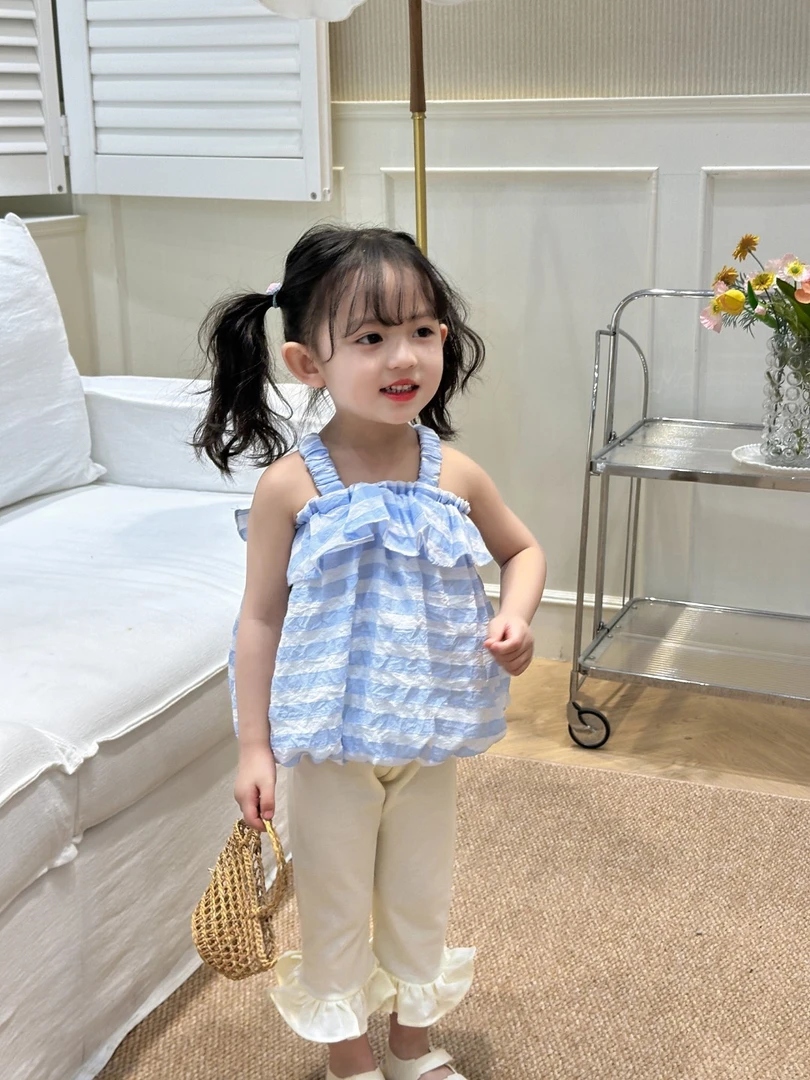 夏季女童无袖条纹花苞吊带纯色打底裤套装女宝甜美童装XGL08517