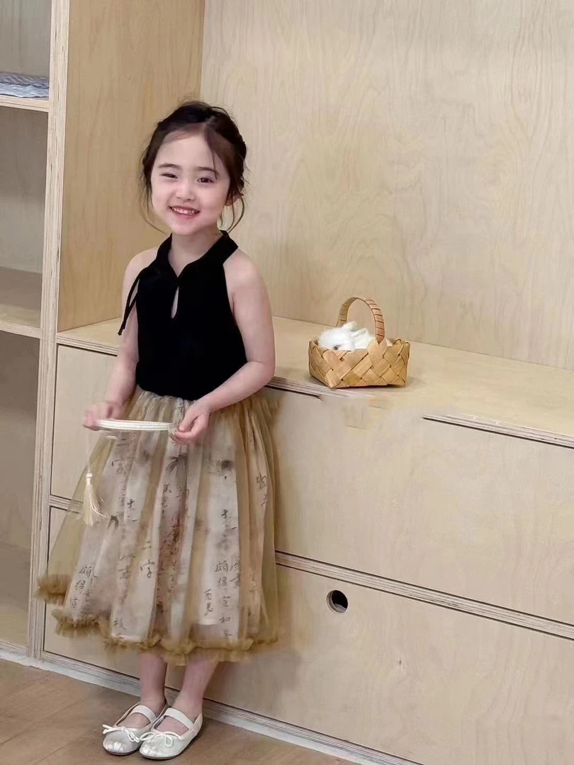 夏款国风纱裙套装女孩无袖时尚上衣新中式网纱裙女宝童装XGL08525