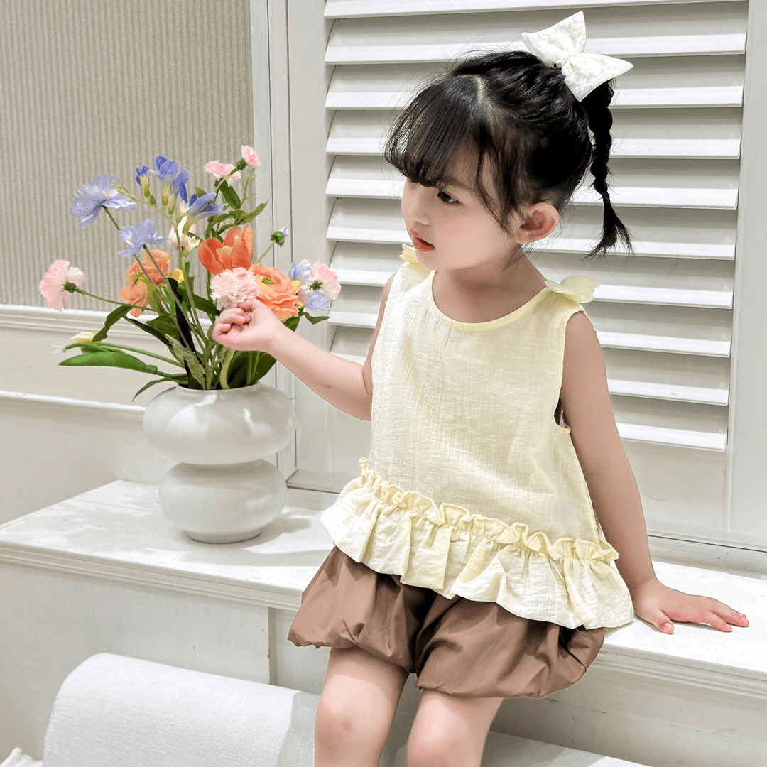 夏季女宝无袖小天使套装女童洋气薄款天使背心花苞短裤XGL08528