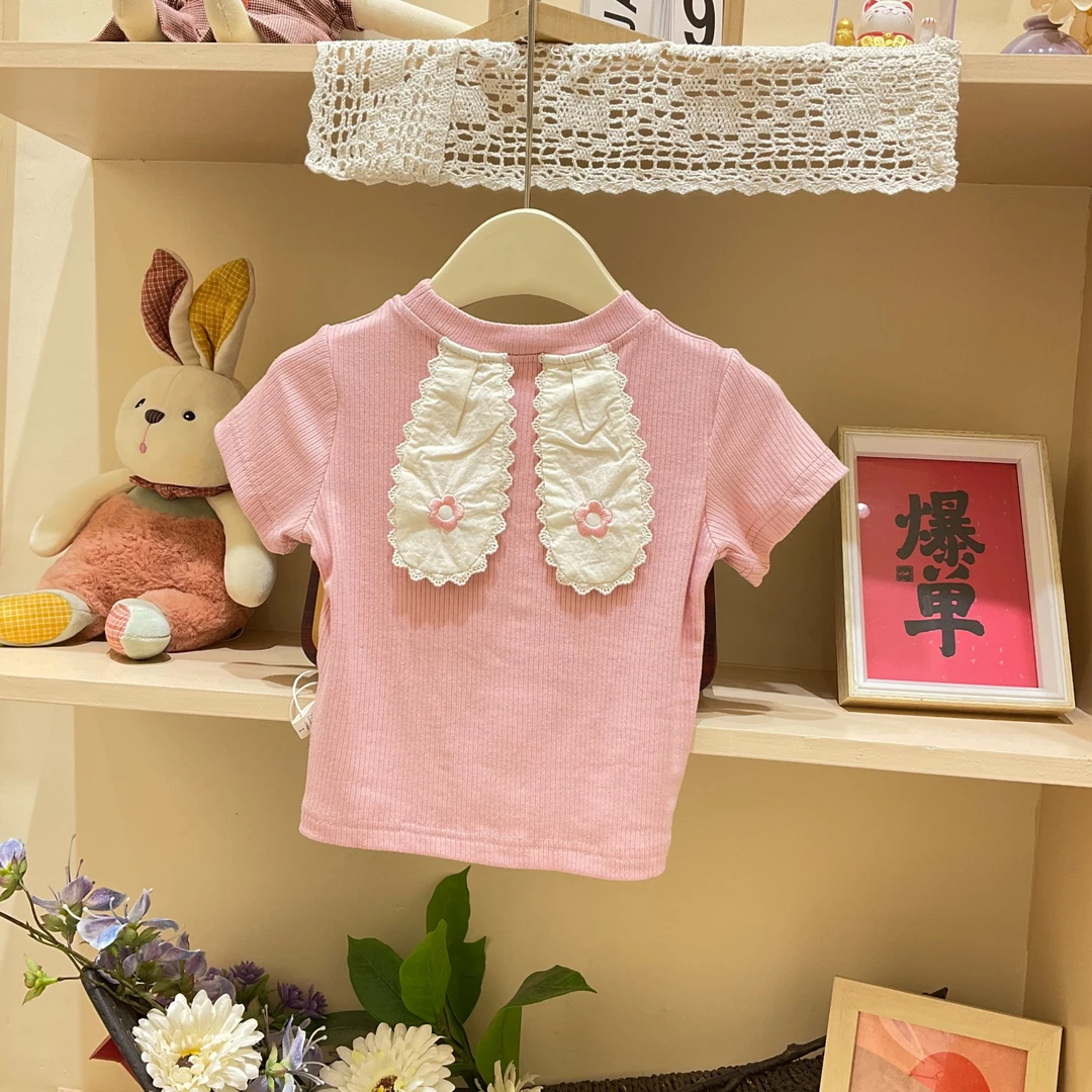 夏季女童针织T恤带兔耳机女宝休闲粉色圆领上衣NT21155#