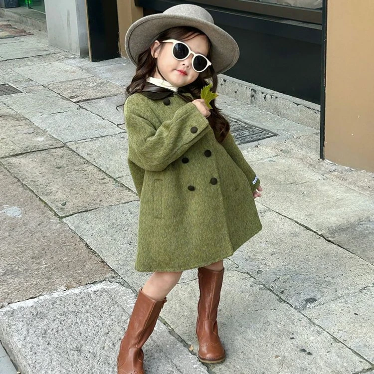 韩国童装女童秋冬装呢大衣2023新款女中大童娃娃领中长款毛呢外套