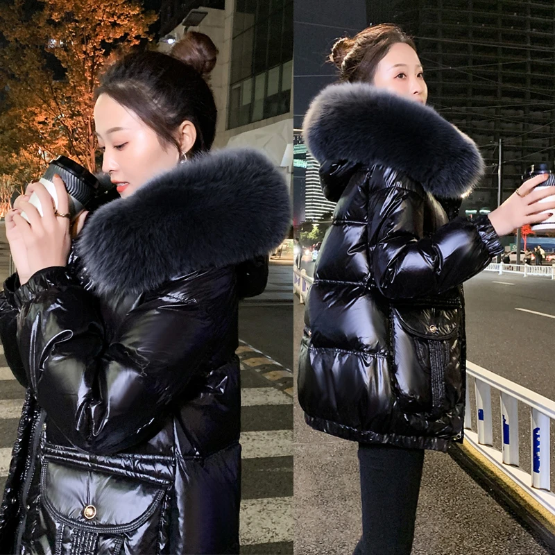 冬季洋气亮面免洗羽绒棉服女小个子大毛领短款加厚宽松棉衣外套潮