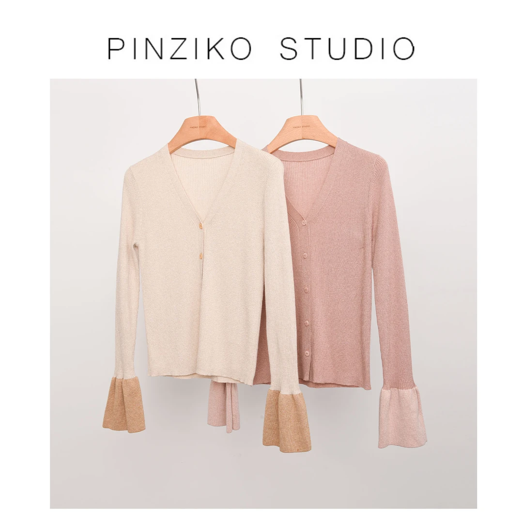 【PINZIKO】布丁~春季百搭时尚气质设计感拼色长袖针织开衫TJE018