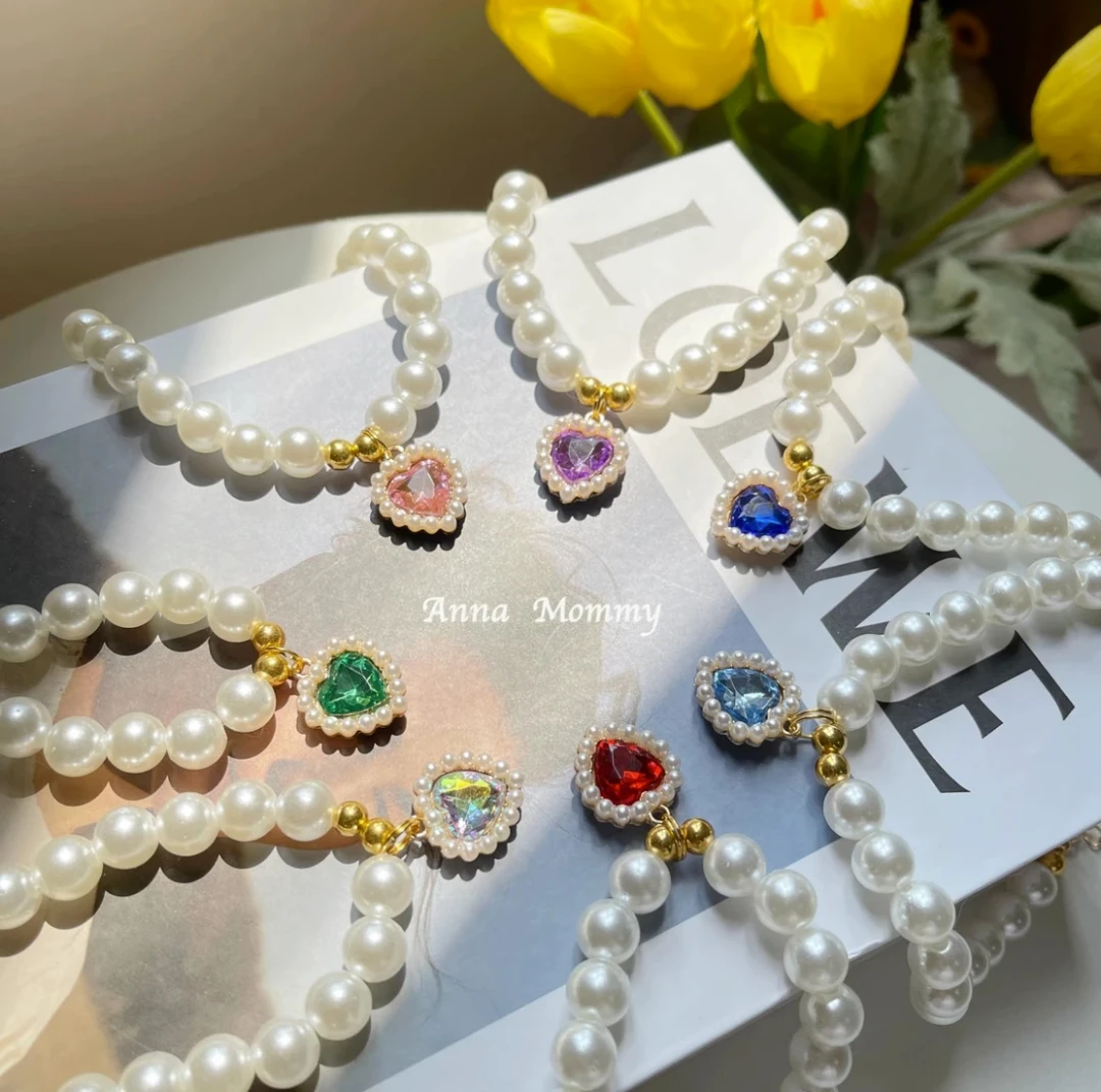 22宠物项链小猫咪珍珠复古爱心水晶吊坠围脖饰品狗狗项圈可爱配饰