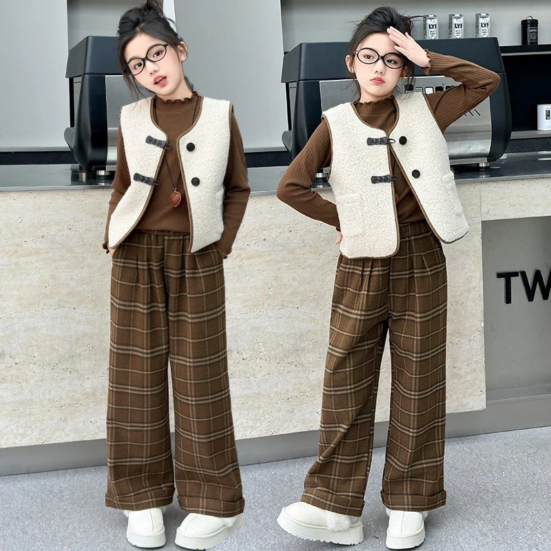 女童春秋新款毛呢马甲格子裤三件套2024中大童6-12岁15岁休闲套装