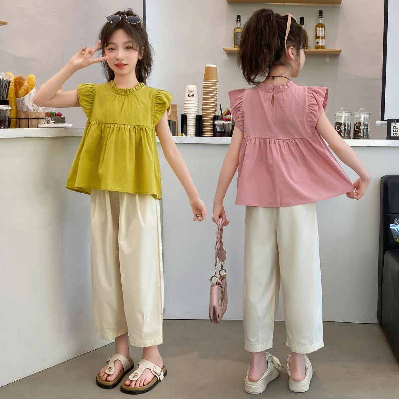 女童夏季飞袖T恤阔腿裤小清新套装2025休闲中大童6-12-15岁薄款潮