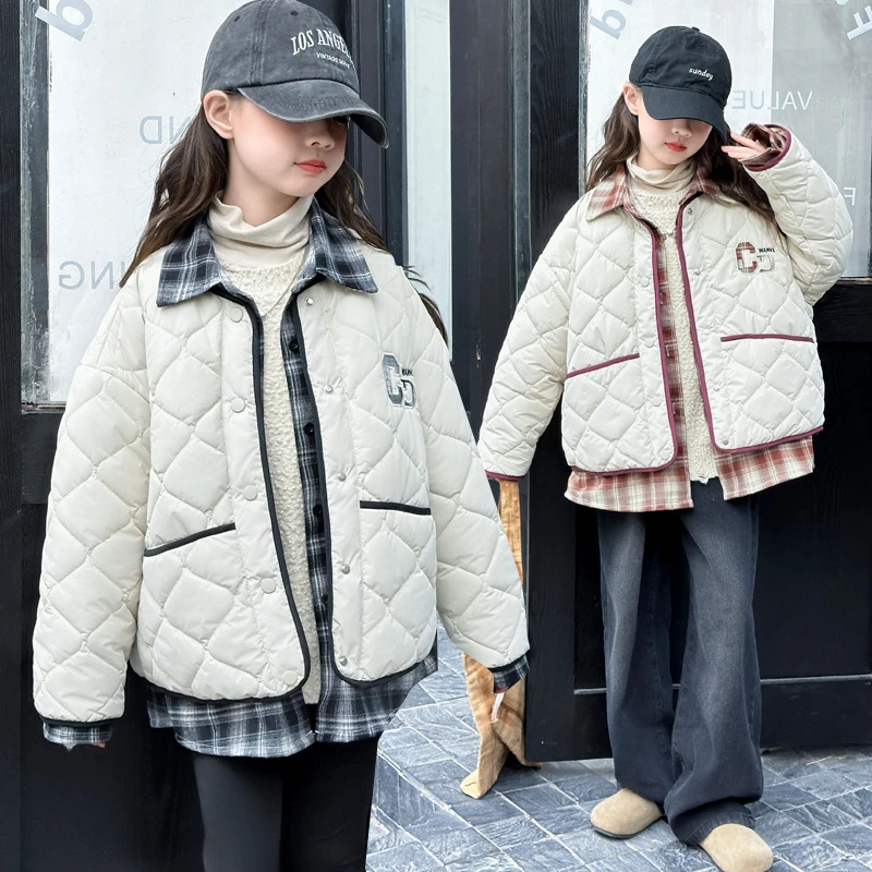 女童秋冬外套2024中大童潮款洋气拼接厚款棉服6-12岁15岁舒适保暖