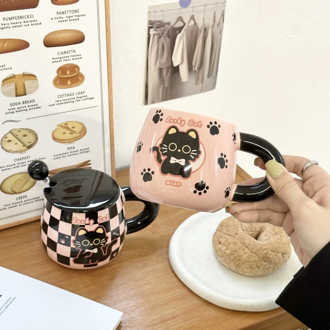 潮流可爱创意陶瓷马克杯个性喝水杯大容量带盖勺情侣杯设计感杯子