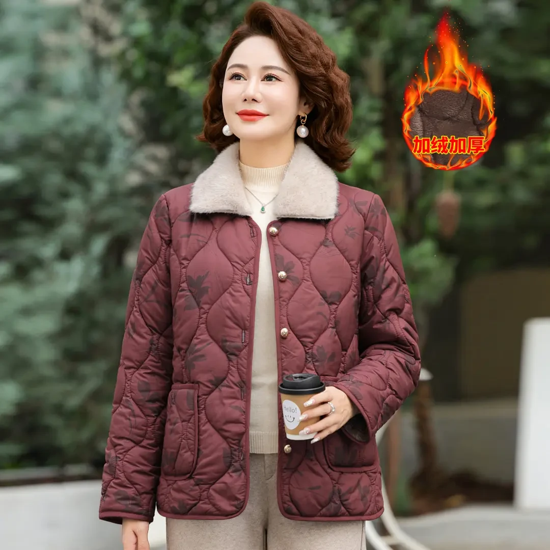 秋冬新棉衣时尚妈妈装厚外套加绒棉服中老年洋气女装毛领保暖上衣