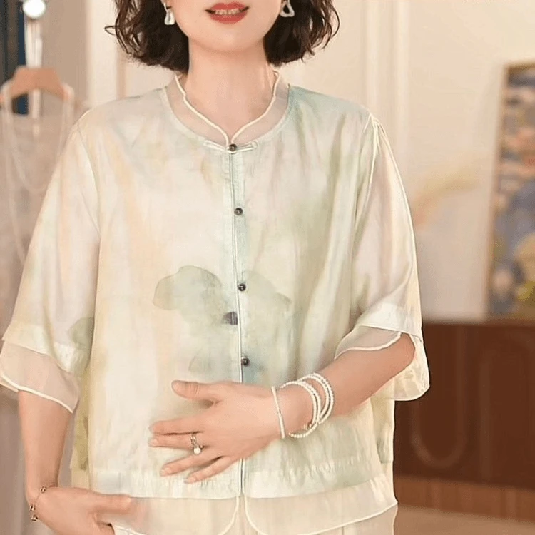 新中式妈妈夏季短袖上衣2024新款衬衫中老年女装洋气时尚气质小衫