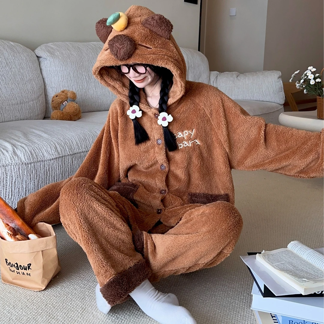 缤果吉利2024秋冬卡皮巴拉睡衣女士可爱连帽家居服卡通套装珊瑚绒