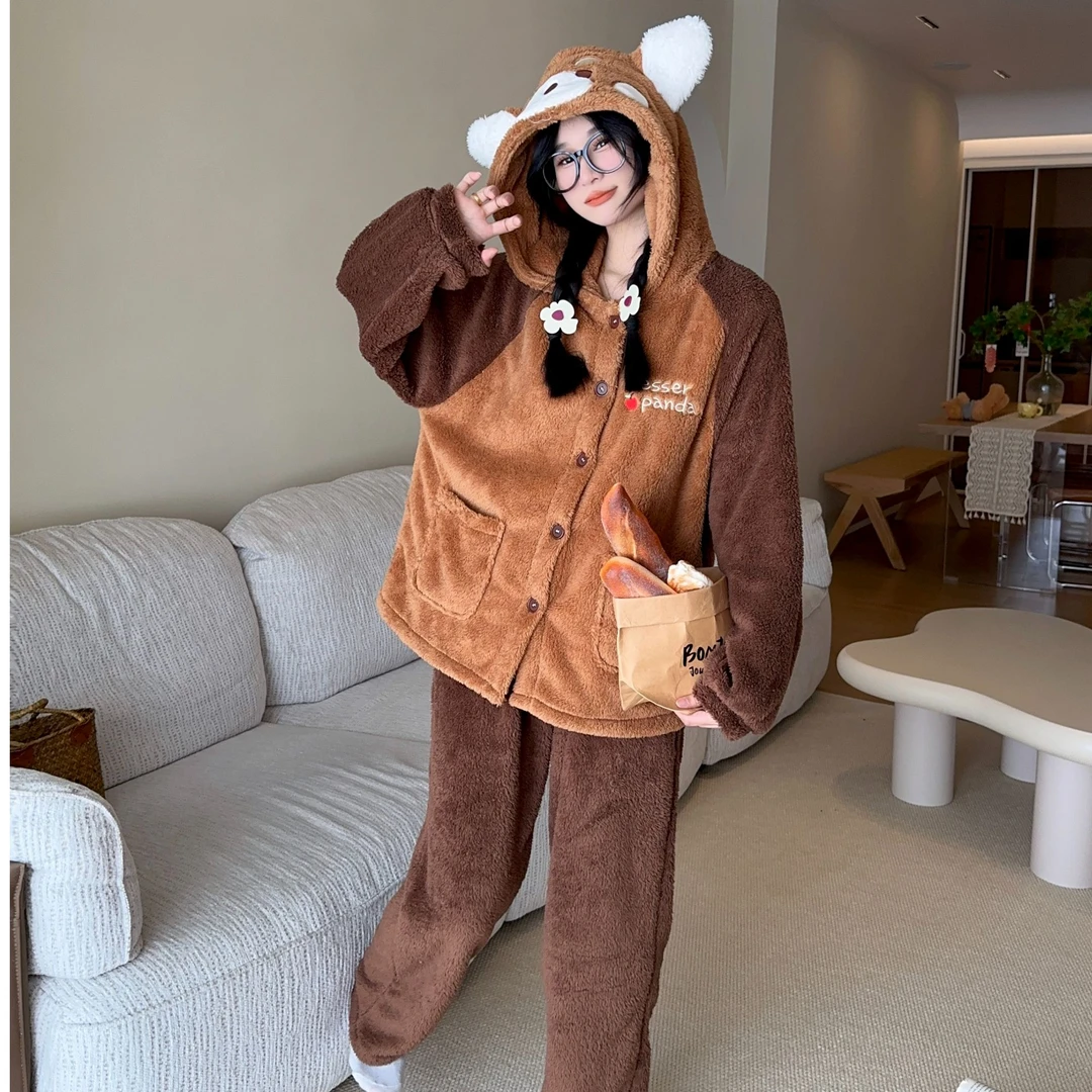 缤果吉利2024秋冬小浣熊睡衣女士可爱连帽家居服卡通套装美拉德绒
