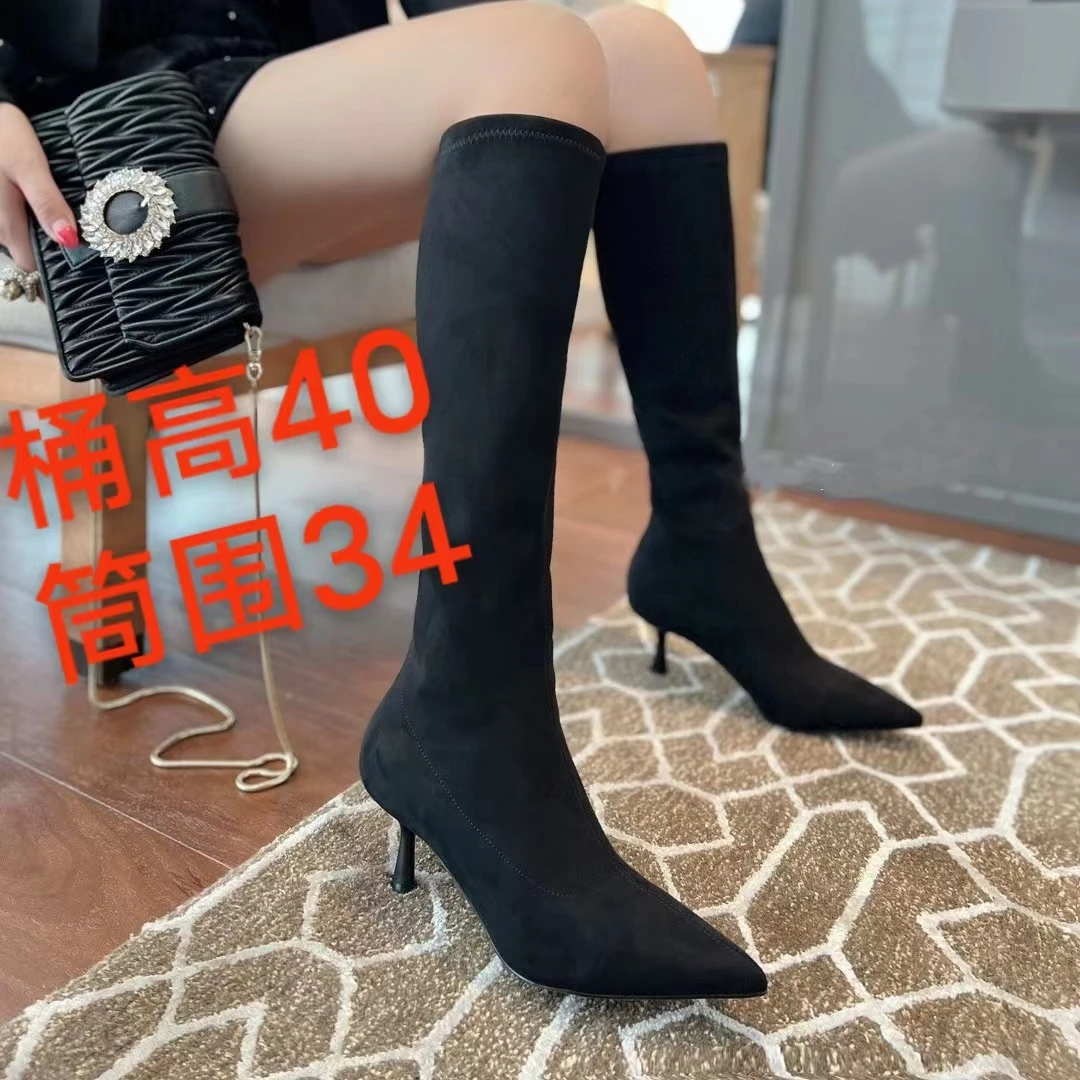 XD846-3弹力羊京绒高筒靴尖头女鞋高跟时尚靴子