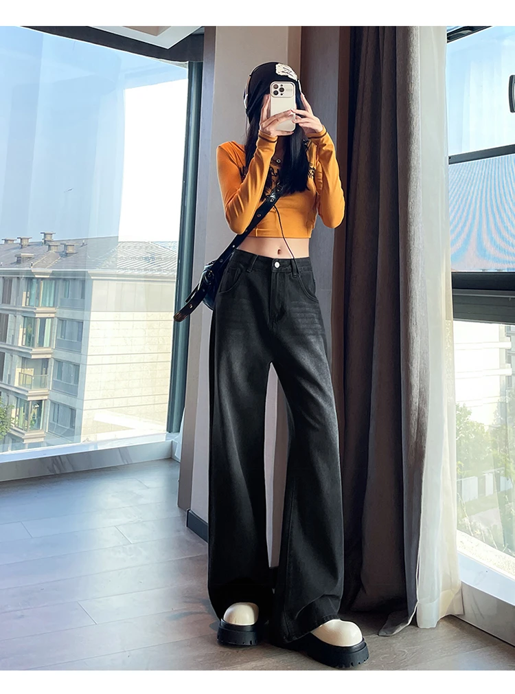 黑灰色高街阔腿牛仔裤女2024秋季新款高腰显瘦宽松直筒垂感拖地裤