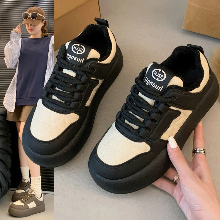 美拉德加绒面包鞋女冬季加厚保暖二棉鞋韩版拼色熊猫百搭运动板鞋