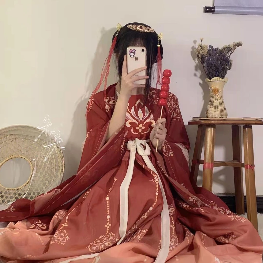 汉服大袖全套三件套夏季古风日常中国风仙气唐制齐胸诃子裙印花