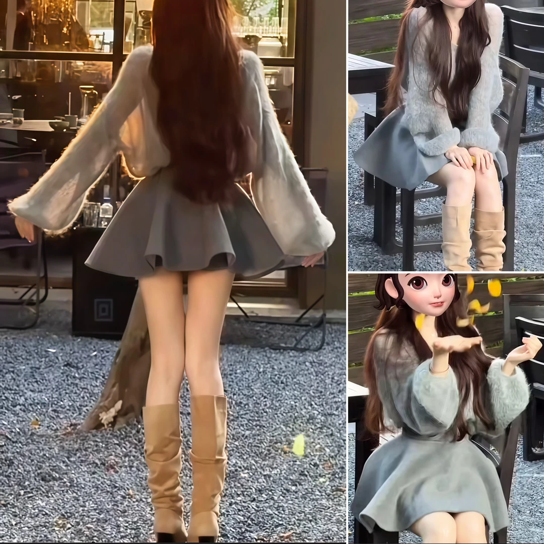 温柔纯欲大摆蓬蓬短裙针织灯笼袖上衣套装妗收腰遮肉小个子两件套