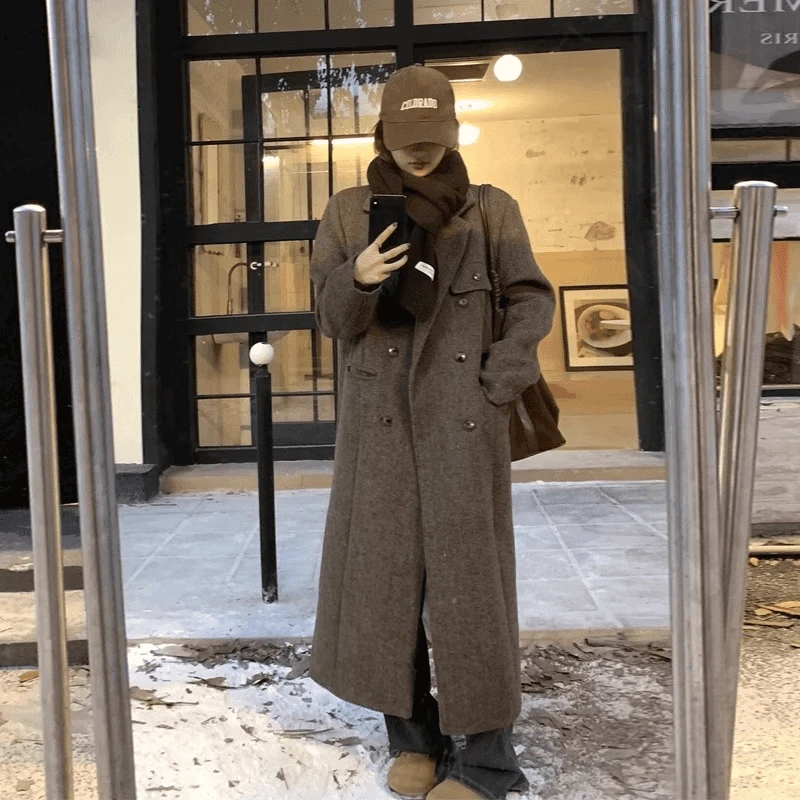 【2471】2025秋冬新款长款韩版美拉德宽松显瘦毛呢外套女