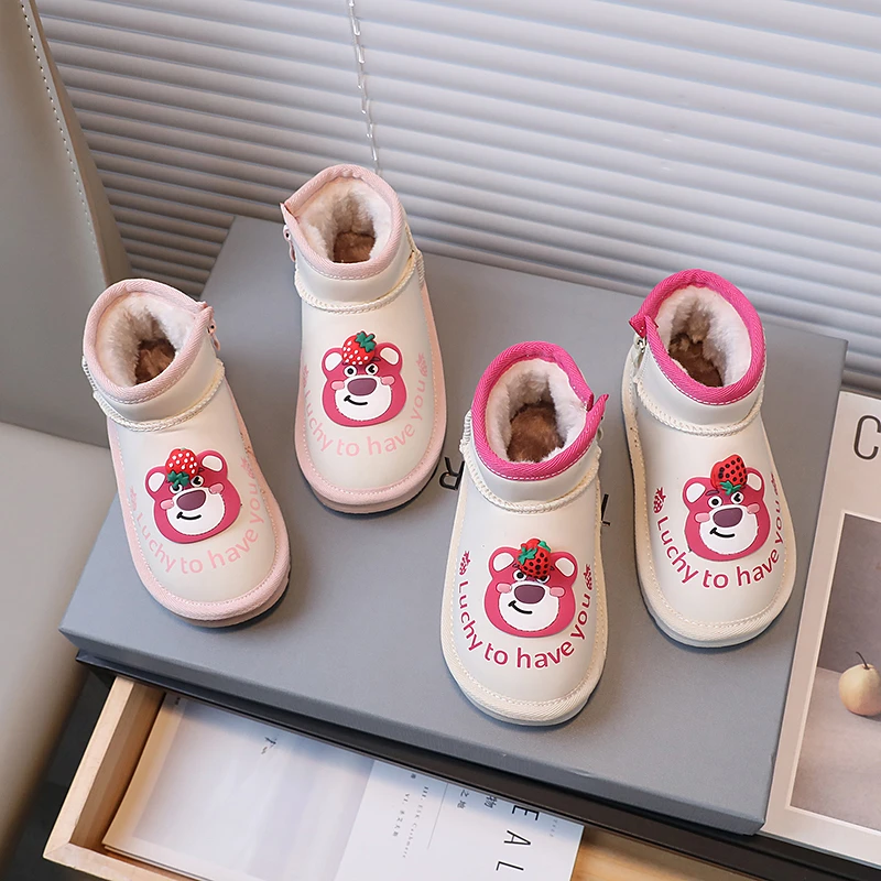 女童雪地靴女宝宝鞋子小童加绒加厚皮面软底学步鞋小女孩卡通短靴