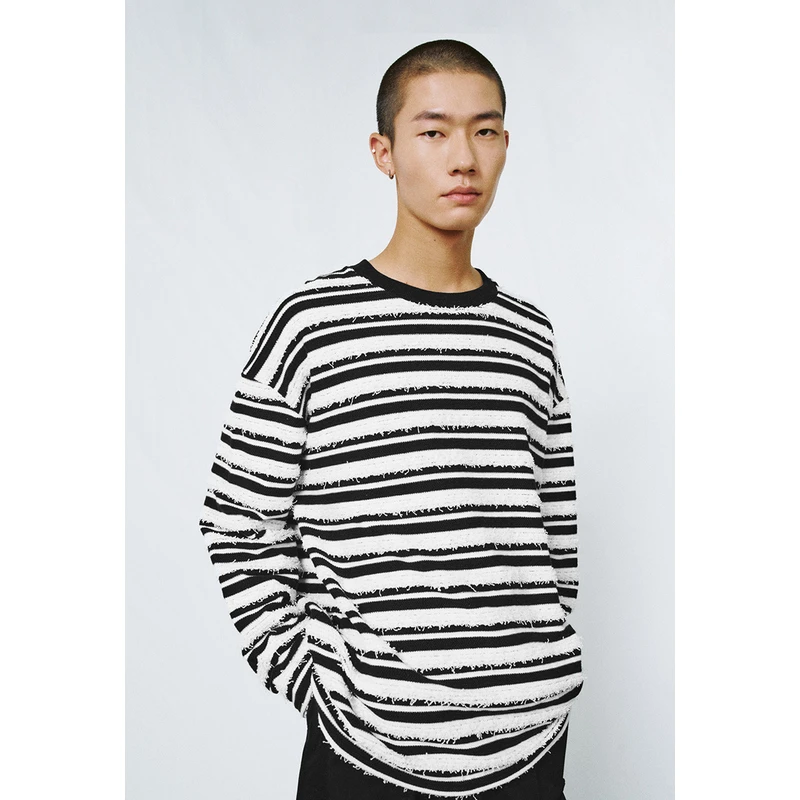 UR秋冬新款男装潮牌少年感撞色条纹流苏长袖圆领T恤UMV430087