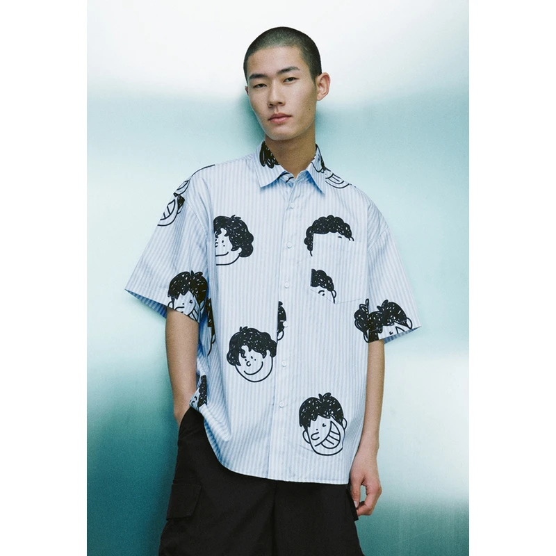 【都市趣野】UR2024夏季新款男装条纹印花短袖宽松衬衫UMV240023