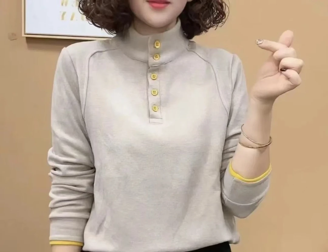 显瘦-气质长袖打底衫女士百搭秋冬套头宽松网红洋气韩版半圆领816