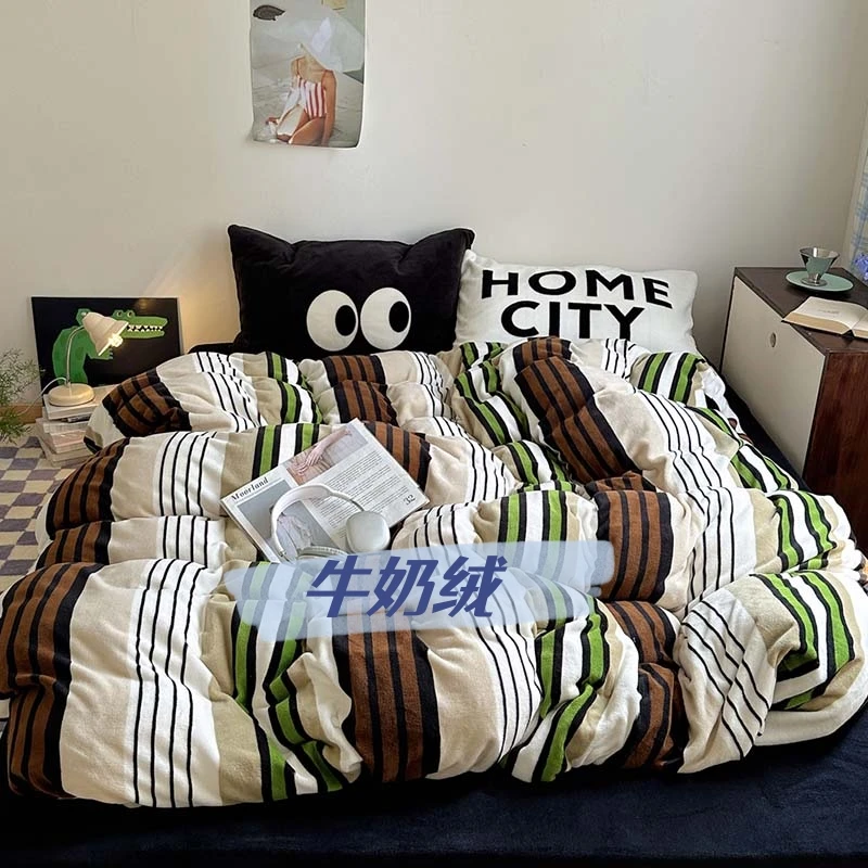 ins混搭条纹牛奶绒四件套冬季双面珊瑚绒被套加绒床单床罩三件套