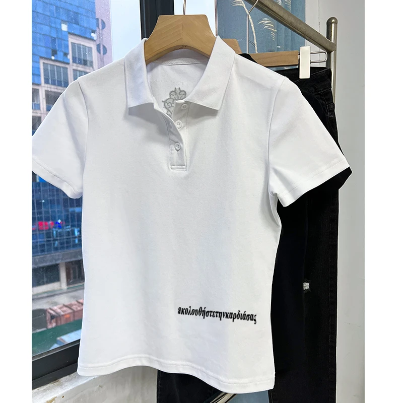 2025夏季新款翻领polo衫女短袖白色T恤修身显瘦百搭简约纯色上衣