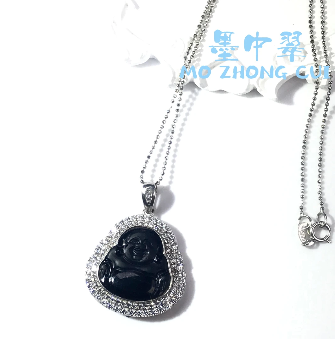 【墨中翠】天然A货翡翠佛公吊坠链S925银镶多样性发一件含链子时尚