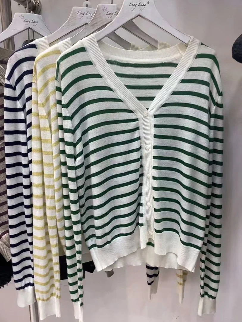 【静姐宠粉】大白条纹羊毛针织开衫女春秋毛衣外套早秋上衣doub07