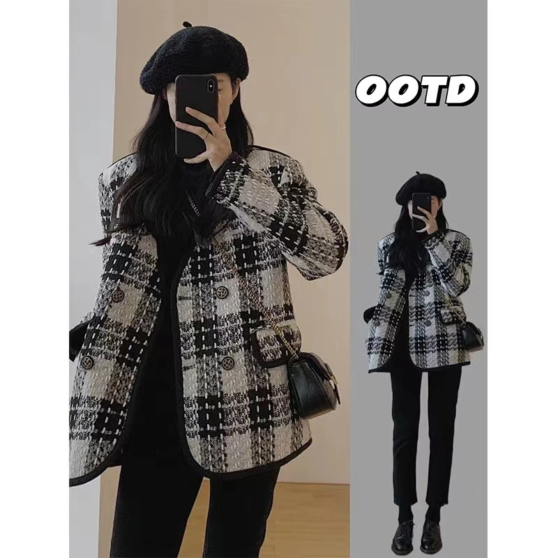 大码女装春季2023新款法式高级小香风设计感粗花呢格纹外套99500