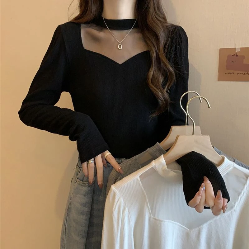 大码女装法式露锁骨长袖T恤打底衫女春秋胖妹妹拼接显瘦8892