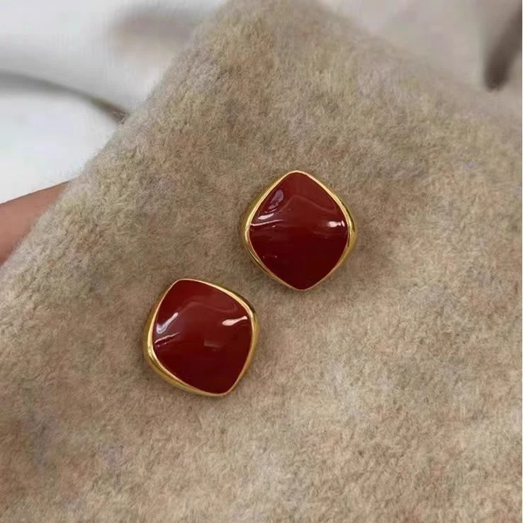 合金耳饰 复古安可拉红菱形耳钉高级感气质百搭时尚网红爆款耳环