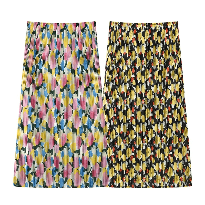 【156】｜A｜百搭气质碎花松紧高腰复古印花压褶半身裙