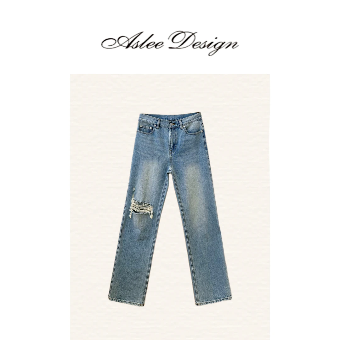 【ASHLEYASS】不规则的纵横纹理水洗亲肤破洞直筒牛仔裤LSN240006S