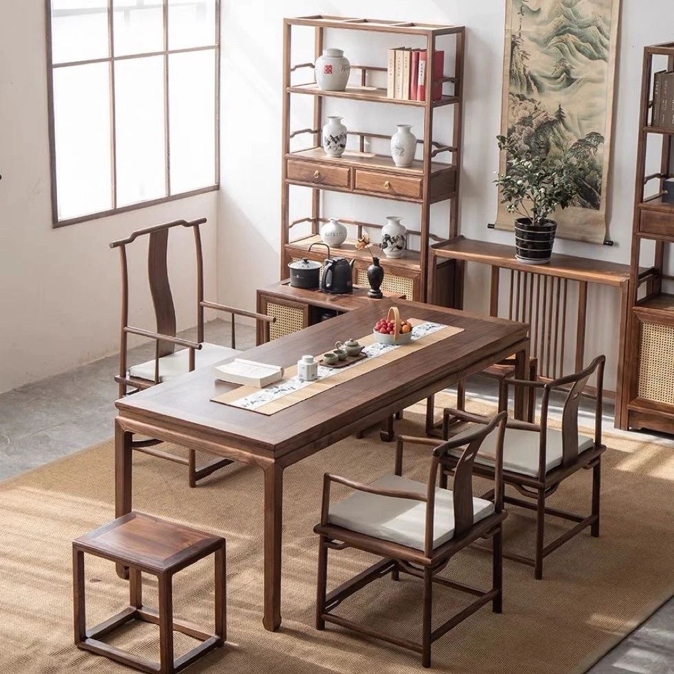 新中式实木茶桌椅组合一桌五椅老榆木画案餐桌书桌泡茶桌茶台