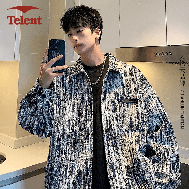 telent/天伦天 春秋外套男生潮牌百搭小香风高级感痞帅长袖衬衫日系复古夹克上衣