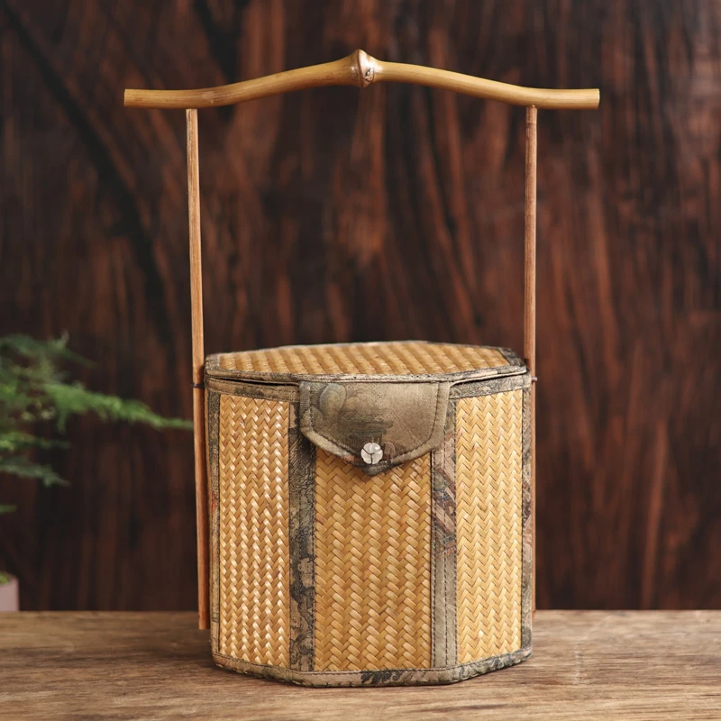 【细物慢造】缎面印花官帽竹席六方七饼桶21*19cm（XJDM93-1）