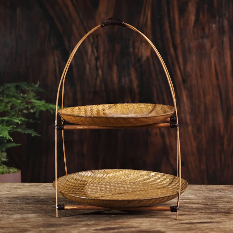 大漆竹席双层支架圆形浅果盘（DG16-11）