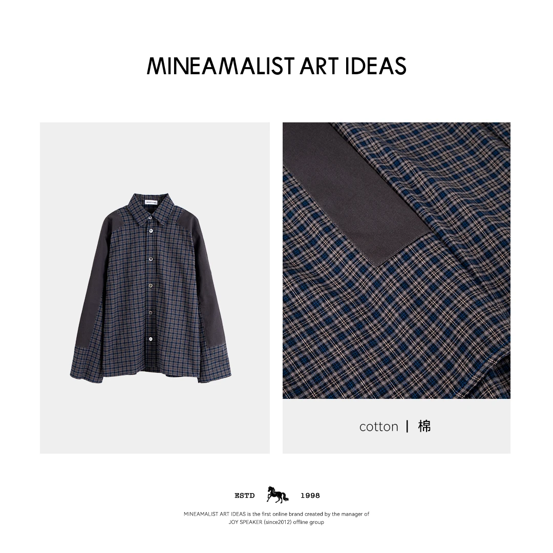 MINEAMALIST ART IDEAS早秋格纹撞色拼接长袖衬衫2334M