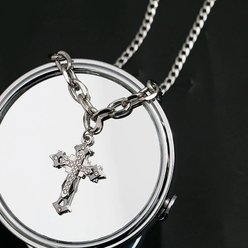 钛钢项链 个性潮双层镶钻十字架项链百搭时尚嘻哈情侣项链韩版