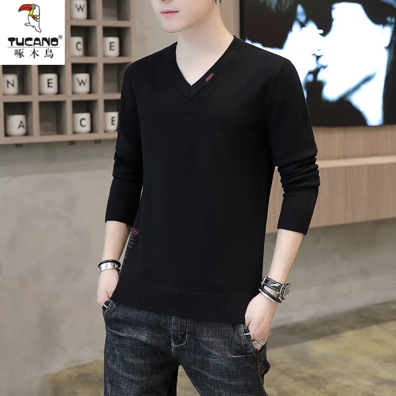 TUCANO/啄木鳥毛衣男潮2023秋季新款青年鸡心领纯色百搭韩版修身
