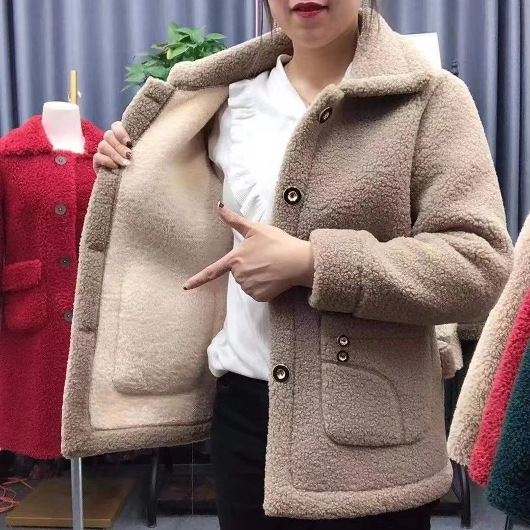 【雷款】秋冬新款口袋双扣加绒加厚羊羔绒纯色65衣长外套