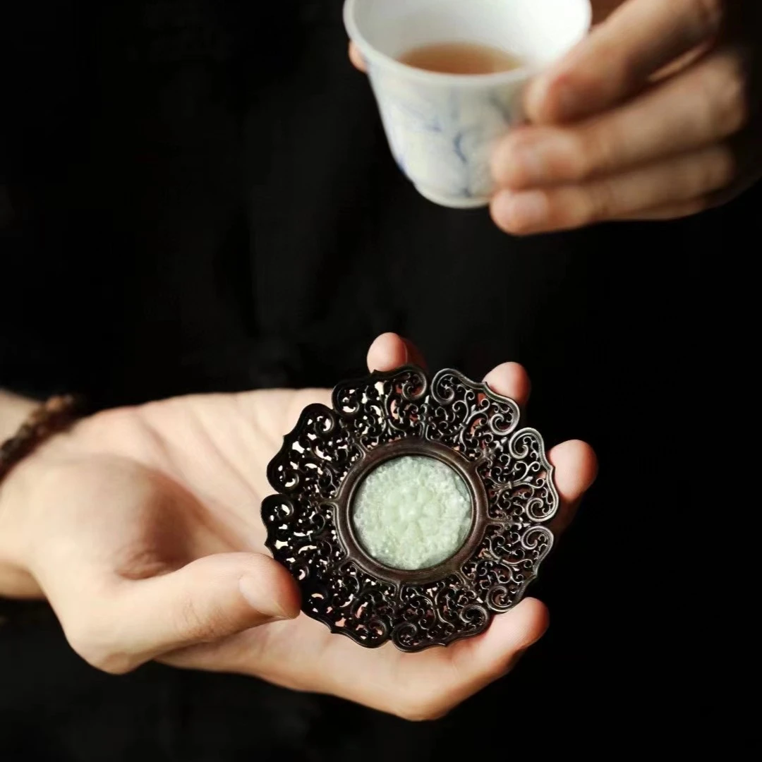 紫光檀x玉石【透雕缠枝莲纹】杯垫一套6个