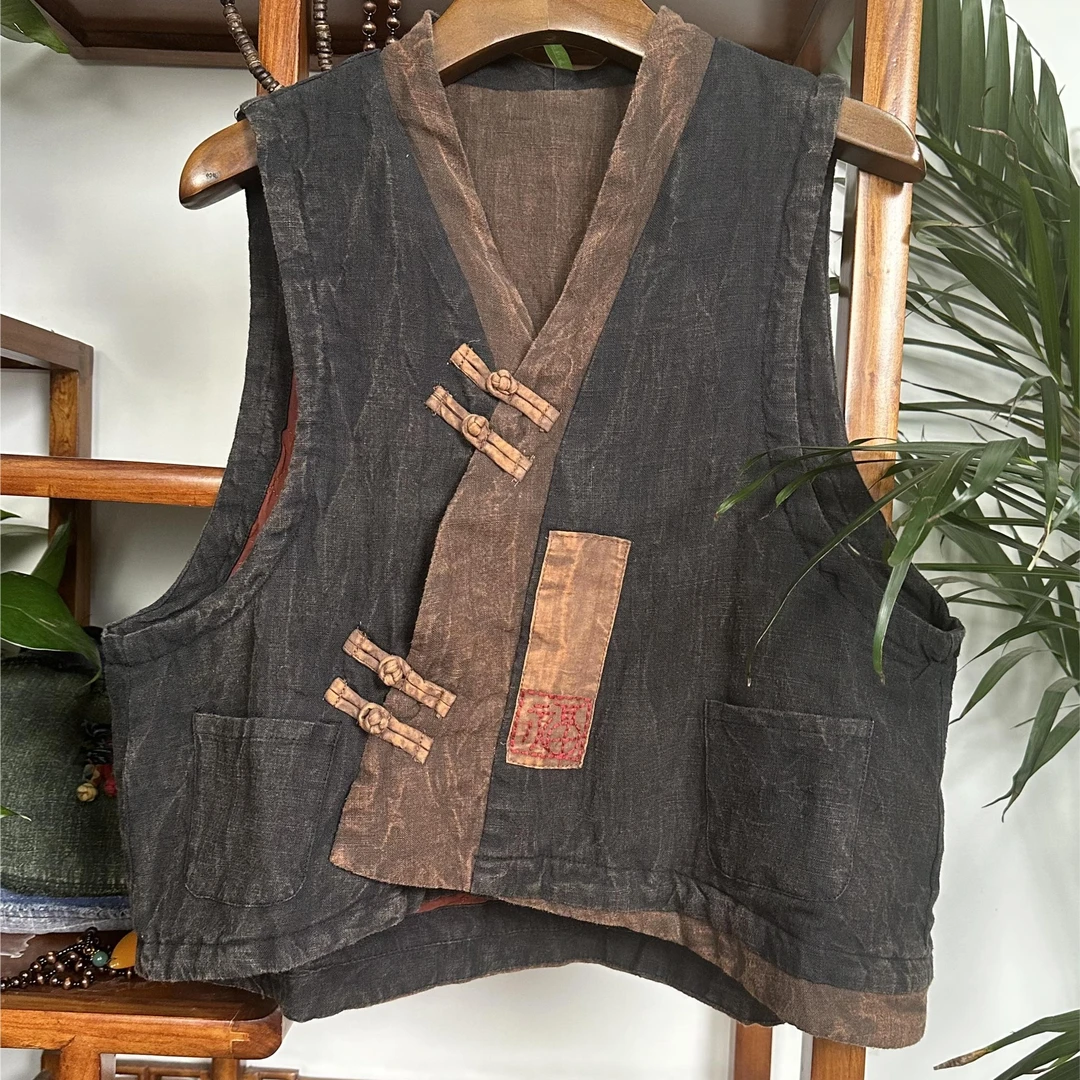 麻柔  原创高品质炒色扎染亚麻斜襟棉马甲（衣长53-60胸围112）