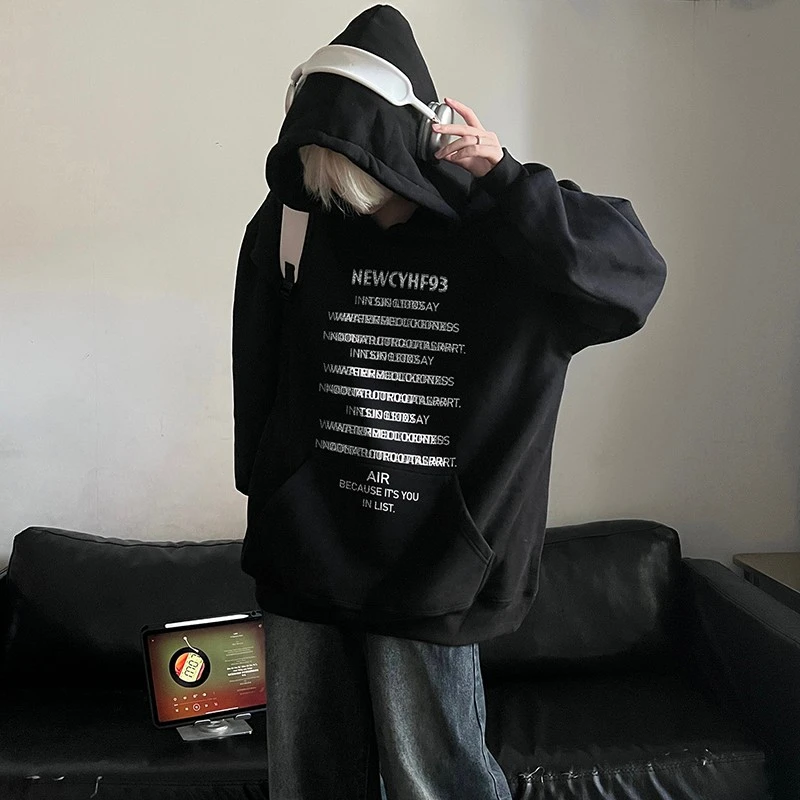 美式高街幻影字母印花连帽套头卫衣外套男士秋季痞帅炸街潮牌上衣