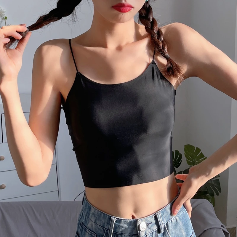 冰丝无痕带胸垫美背吊带小背心防走光遮胸抹胸打底内搭裹胸女夏季