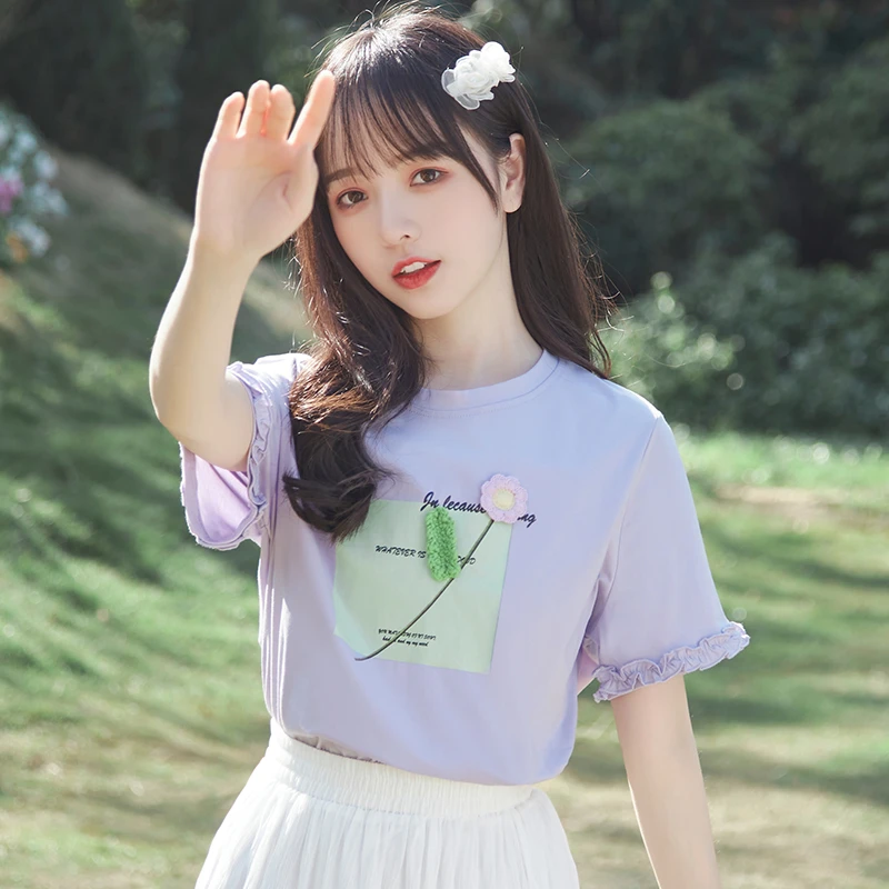 帛卡琪2024新款薄荷曼波花朵短袖T恤女宽松印花体恤木耳边上衣夏
