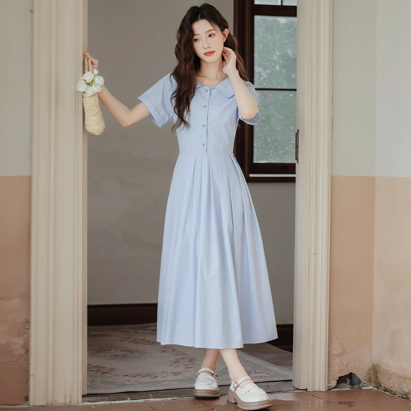 帛卡琪2025夏新款学院风蓝色polo领短袖连衣裙女收腰显瘦百褶长裙